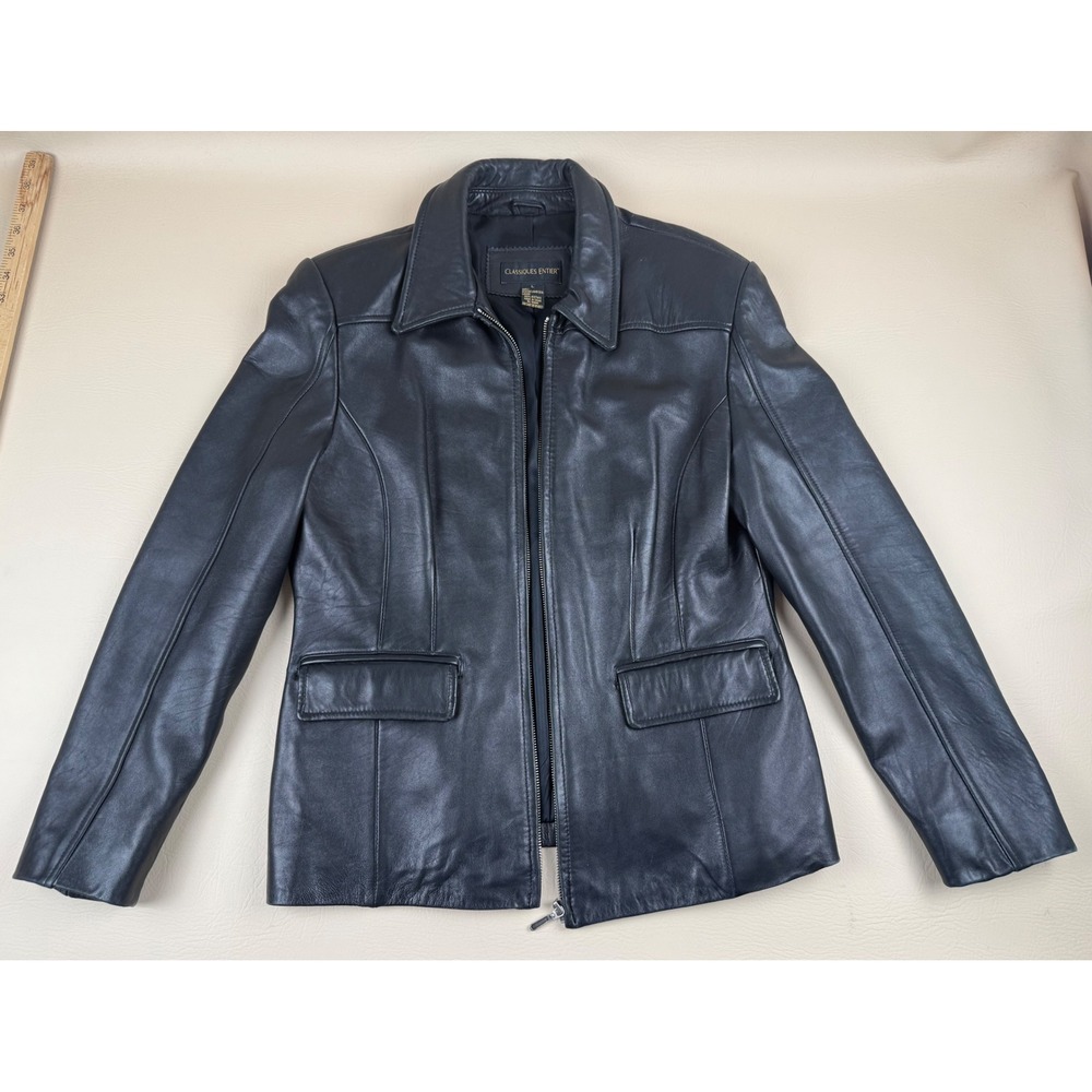 Genuine Lambskin Leather Jacket Black Zip Front Fitted Moto Womens L Classiques